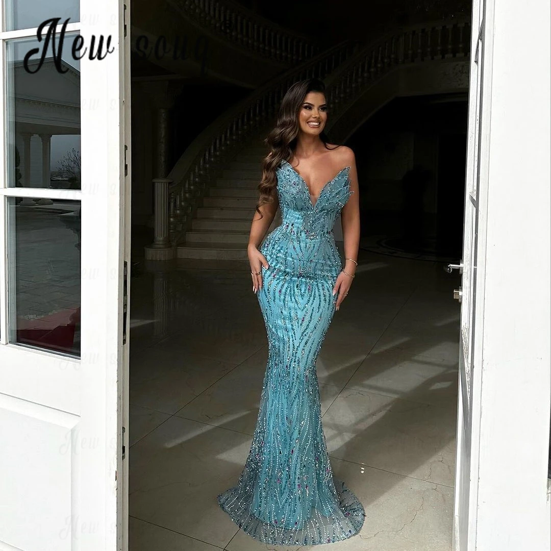 High Quality Sleeveless Blue Mermaid Cocktail Dress 3D Leaf-shaped Wedding Events Gowns Deep V Neck Formal Celebrity Dresses