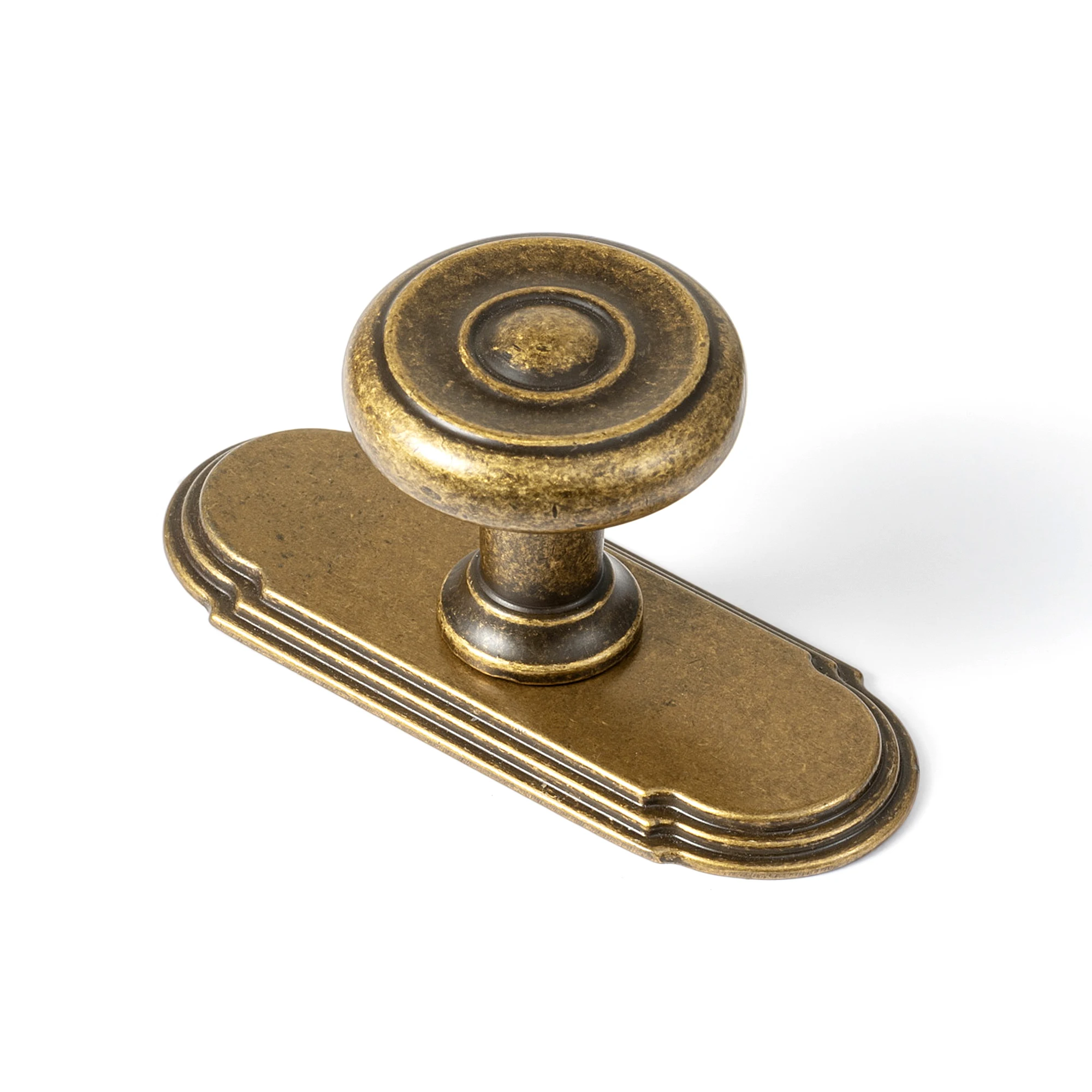 Goo-Ki Antique Brass Cabinet Knobs, 2-3/4 in Orbit Rim Backplates, 6 Pack Zinc Alloy Construction, Art Deco Stepped-Ring Profile, Warm Aged-Gold Tone, For Kitchen Cupboards, Vanities And Dressers