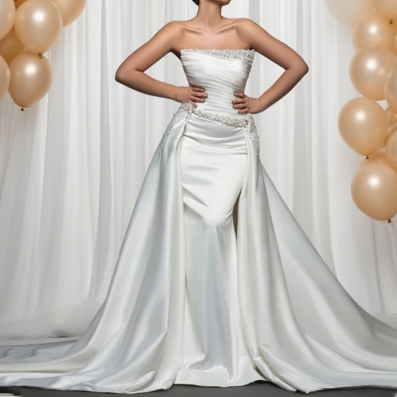 Изысканное свадебное платье с жемчугом по индивидуальному заказу, со съемным шлейфом и вырезом лодочкой, со складками, атласное платье без рукавов, Русалка Abito Da Sposa