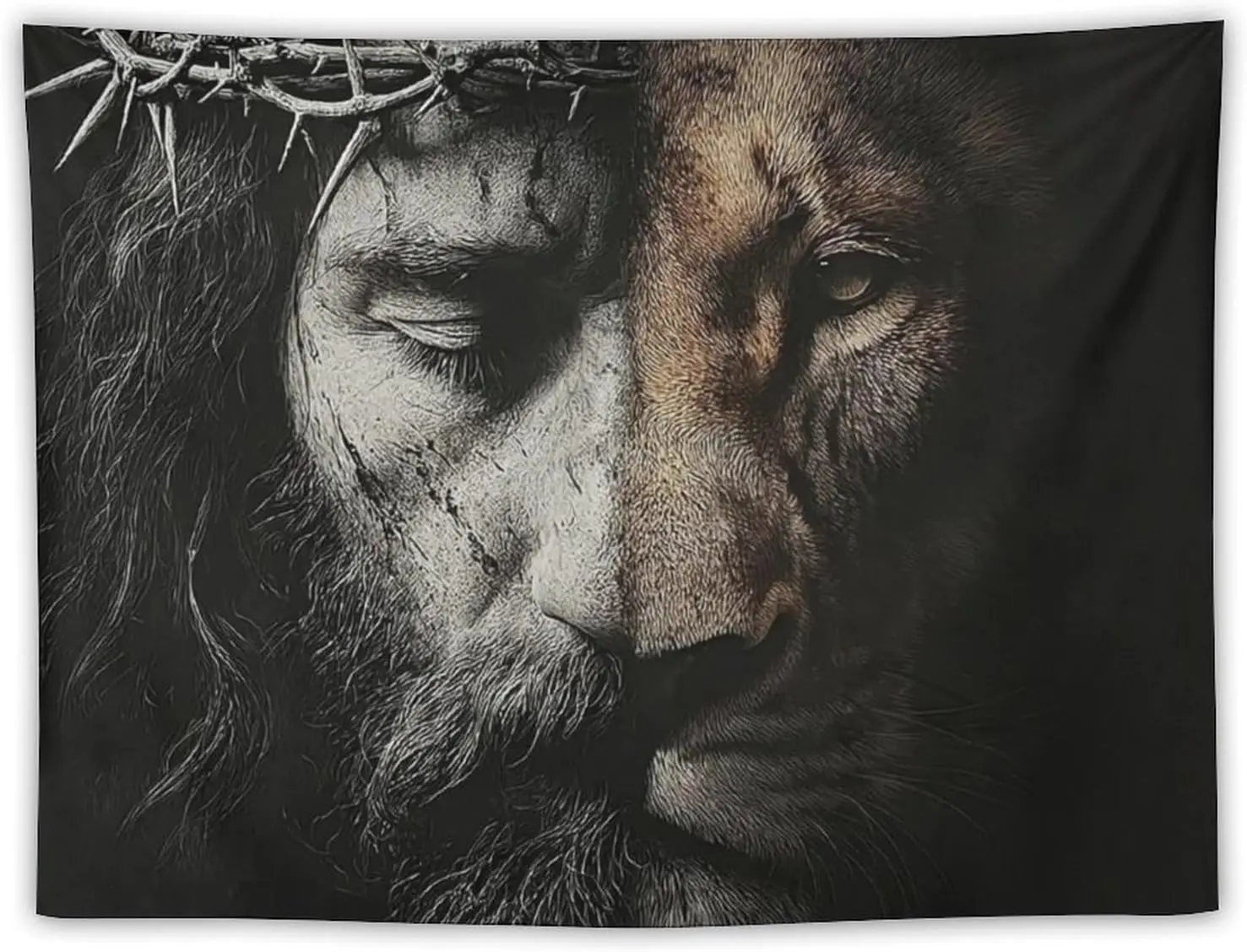 Jesus Lion Of Judah Tapestry, Half Face Thorn Crown Religious Faith Vintage Grunge Portrait Art Wall Cloth For Bedroom Decor