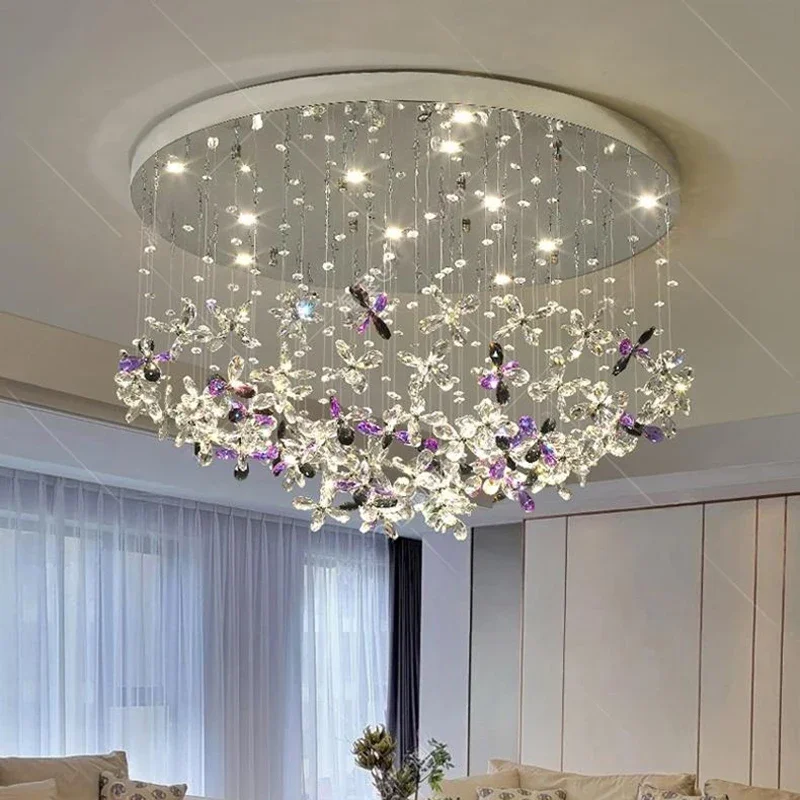 

Flush Mount Crystal Ceiling Lamp Modern Chandelier Dimmable Four-Leaf Clover Design LED Pendant Light for living room