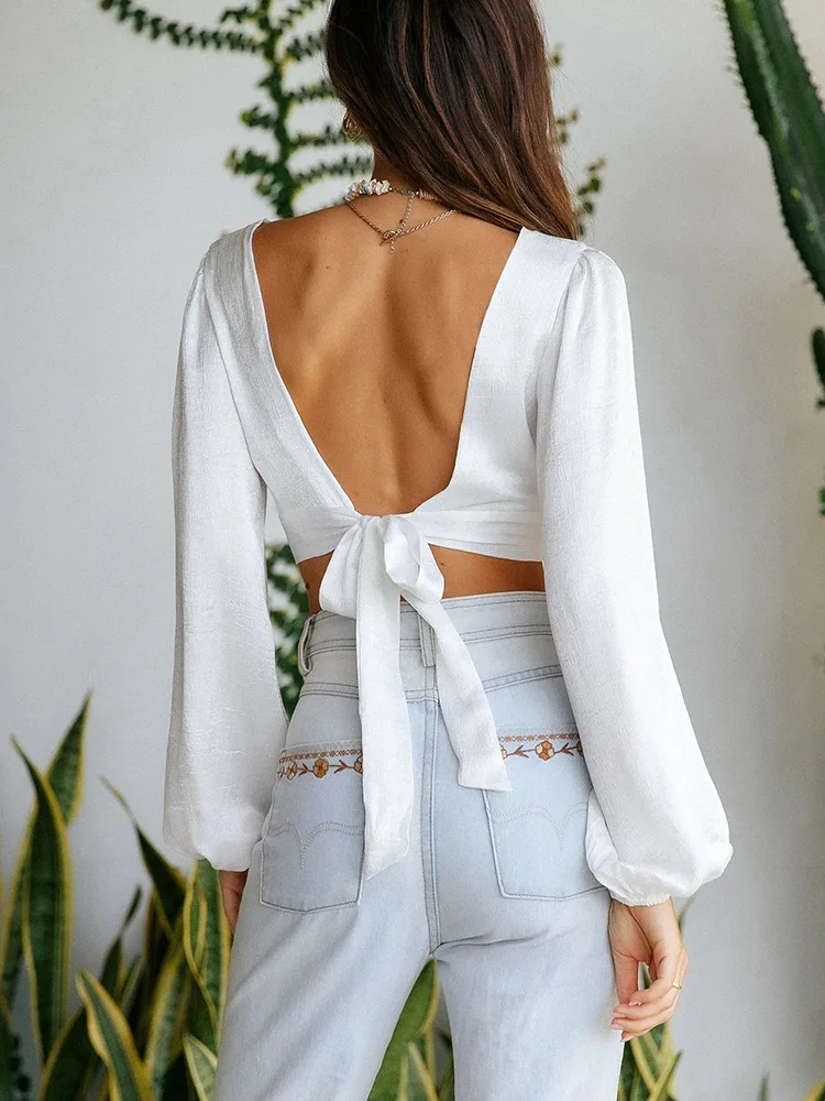 Tops Women 2022 Streetwear Deep V Neck Front Cut Out Cropped Blouse Back Tie Sexy Backless Top Long Puff Sleeve White Blouses