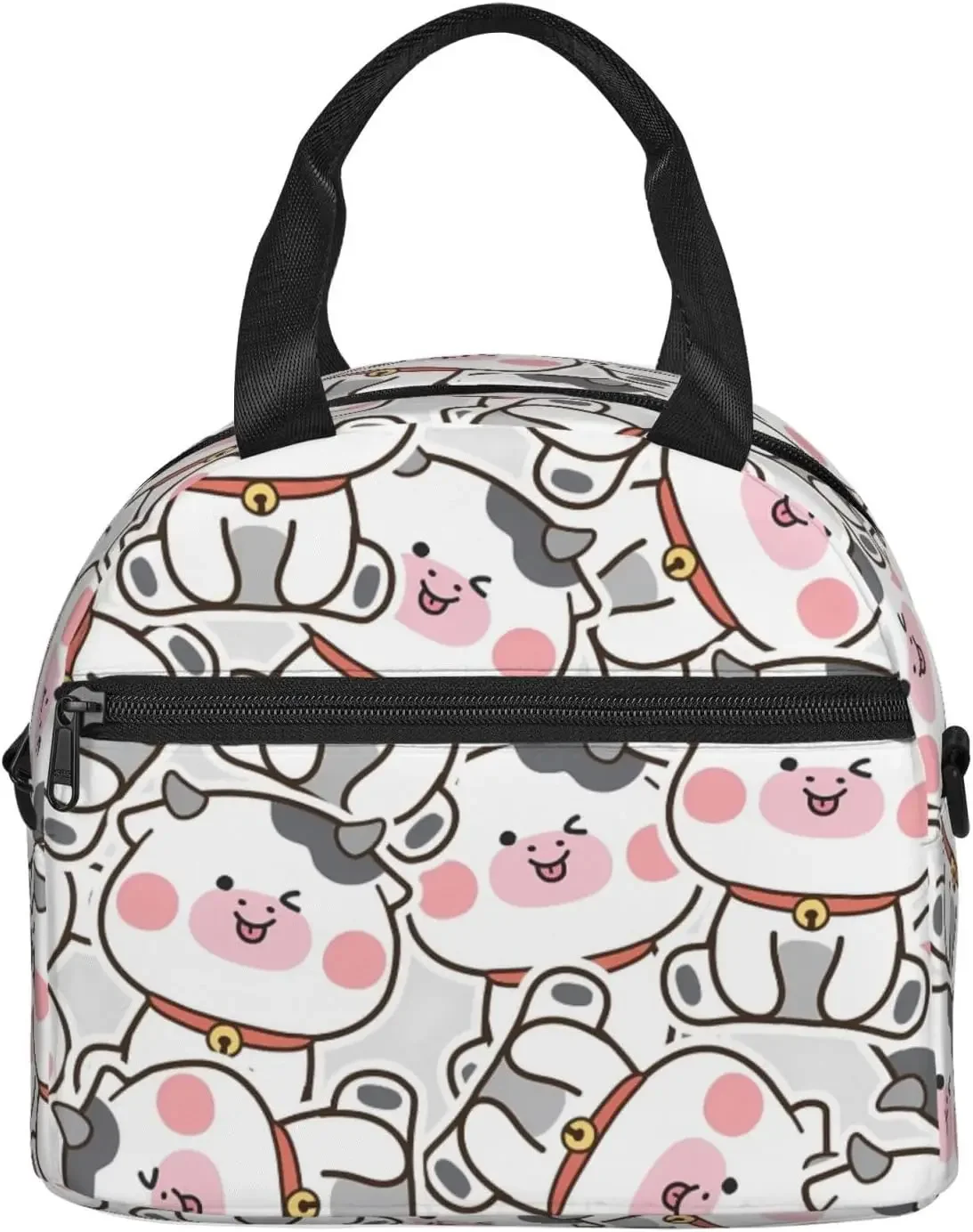 Cute Kawaii Cartoon Cow Lunch Box with Adjustable Shoulder Strap for Women Men Reusable Lunch Cooler Bag for Office Picnic