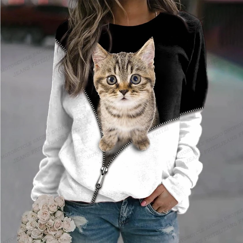 Funny Tiger Hoodie Women Fashion Hoodies Sweatshirts Cat Print Hoodies O-Neck Clothes Kawaii Pullovers Women Sweats Animal