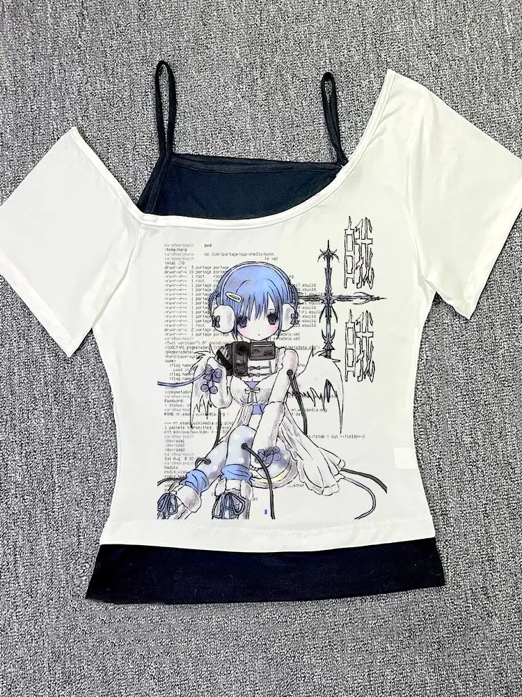 アニメパターン印刷セクシーなクロップトップ女性のベスト夏ゴス女性ベスト Y2k 2000s ベビートップ服エモコケットレジャー Tシャツ