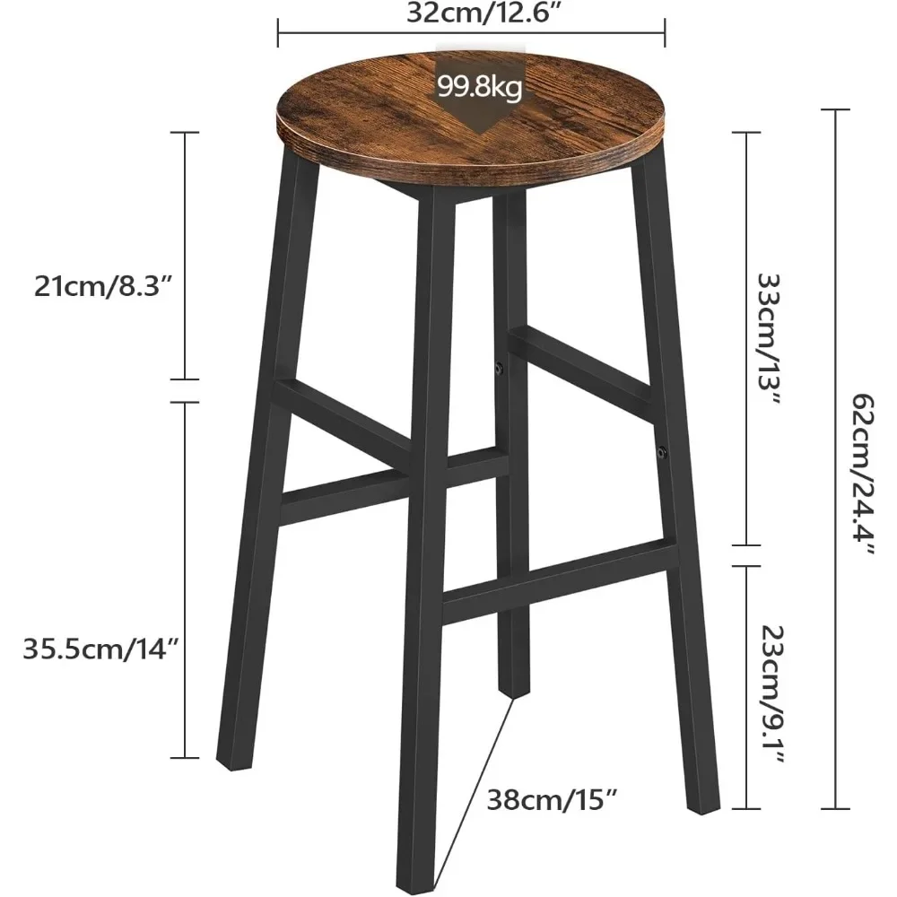 Bar Stools, Set of 2 Round Chairs with Footrest, 24.4 Inch Kitchen Breakfast Stools, Industrial Stools