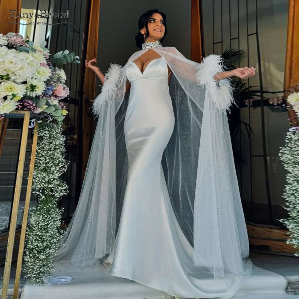 

Sparkly Tulle Wedding Cape ,High Collar ,Long sleeves Bridal Jacket ,Sewing With Luxury Feather DJ511