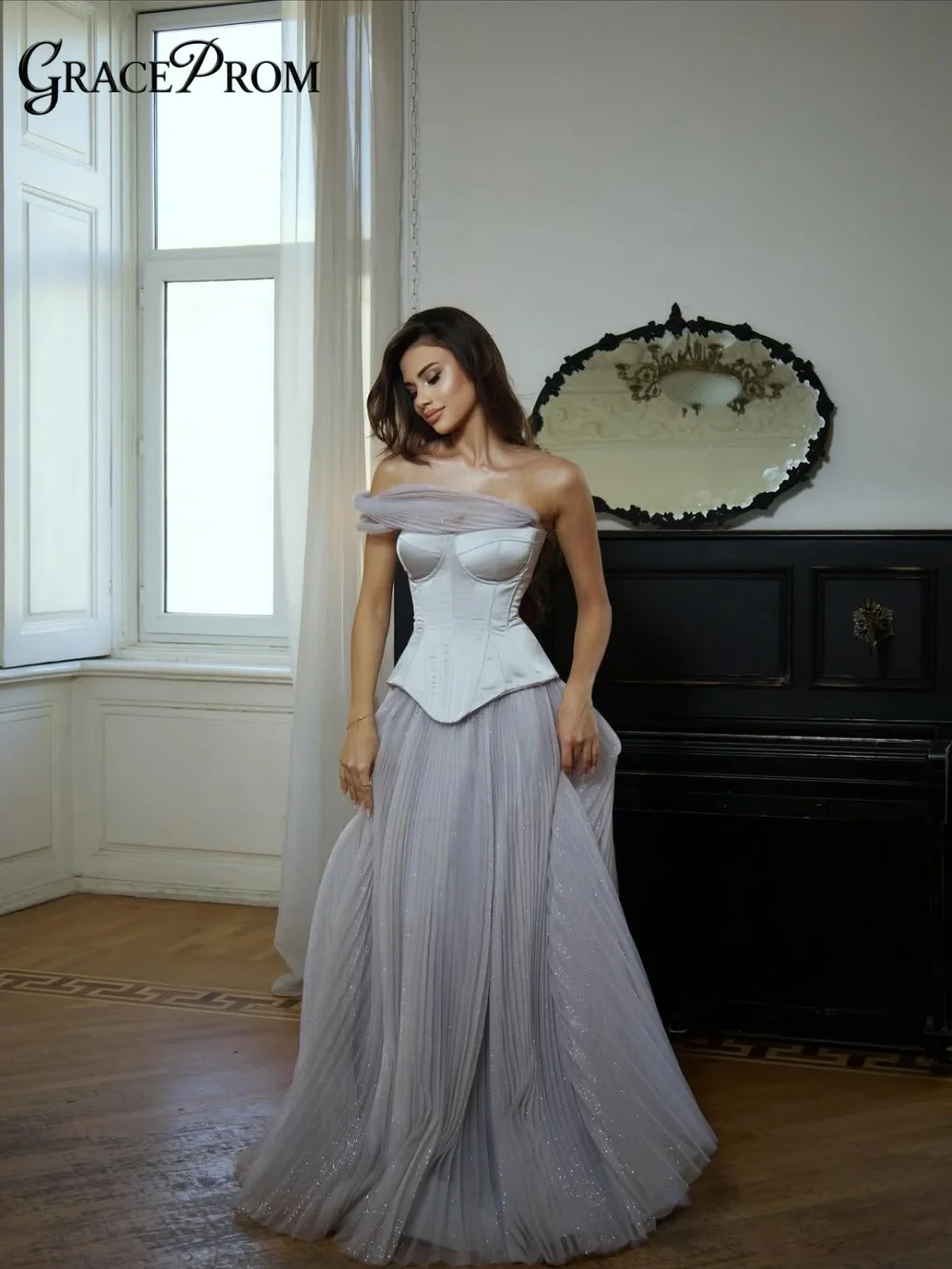 

Glamorous Grey Long Dress 2026 A Line Shape Off Shoulder Tulle Glitter Party Dress Evening Gown For Wedding Guests فساتين سهرة