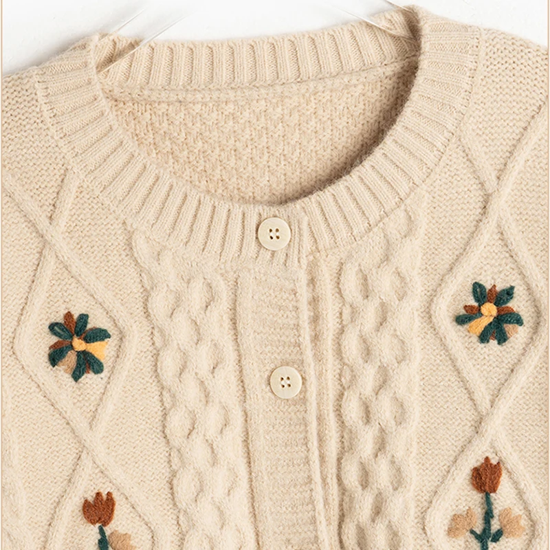 ABRINI Women Vintage Embroidery O-neck Sweater Cardigan Single Breasted Thickened Loose Knit Coat Fall Winter Warm Casual Coat
