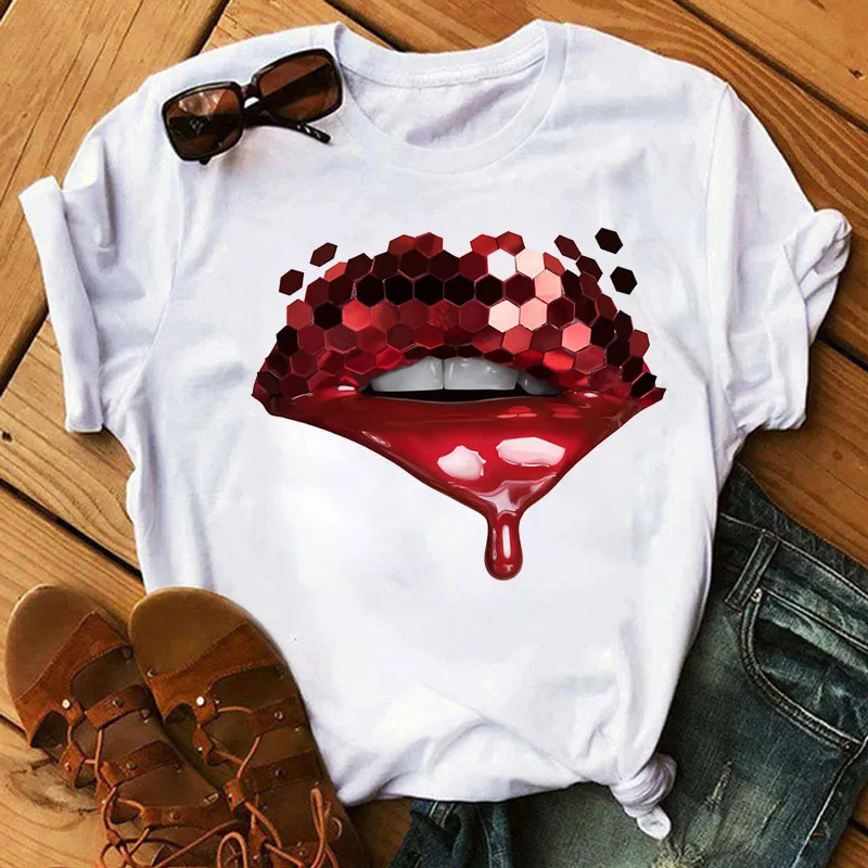 Burst Sequin Lip Trend T-shirt Half Sleeve Cute White Short Sleeve T-shirt Woman Harajuku  Harajuku  Oversized T Shirt  Tops