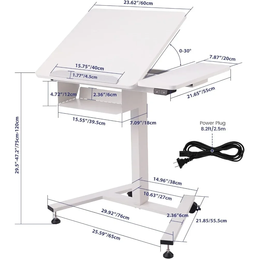 Electric Height Adjustable Standing Laptop Study Desk with Tilting Board and Wheels for Home Office Use. Spacious Utilized Space