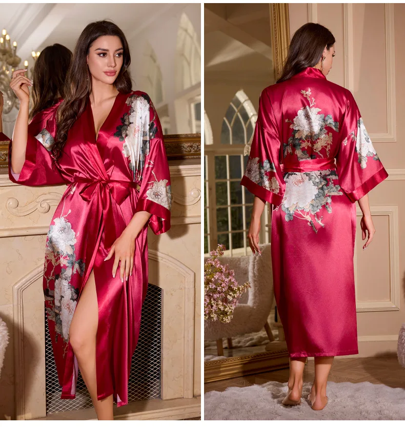 New Chinese Style Long Robe Kimono Bathrobe Gown Women Negligee Sleepwear Print Flower Home Dress Nightgown Loose Loungewear