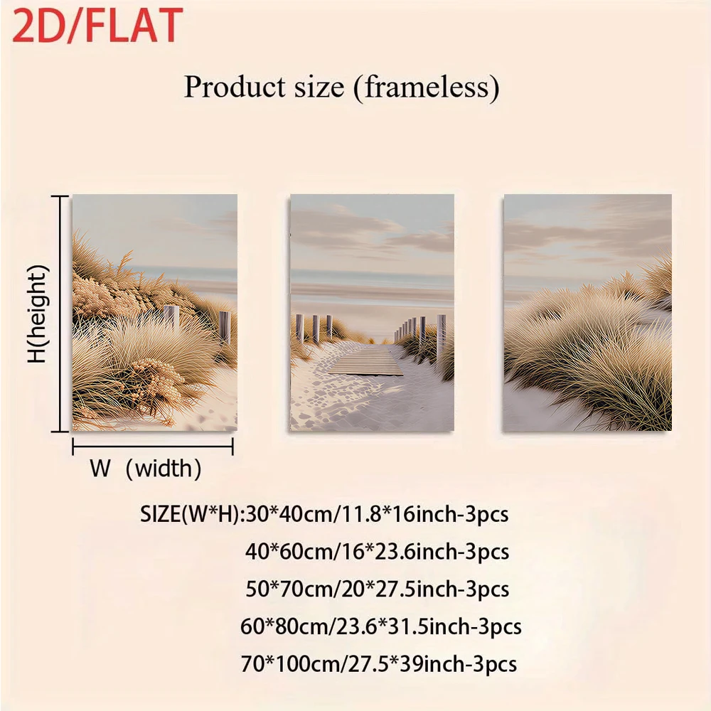 1 set of three frameless decorative paintings, landscape paintings, beach and reeds, warm and inviting 2D decorative paintings.
