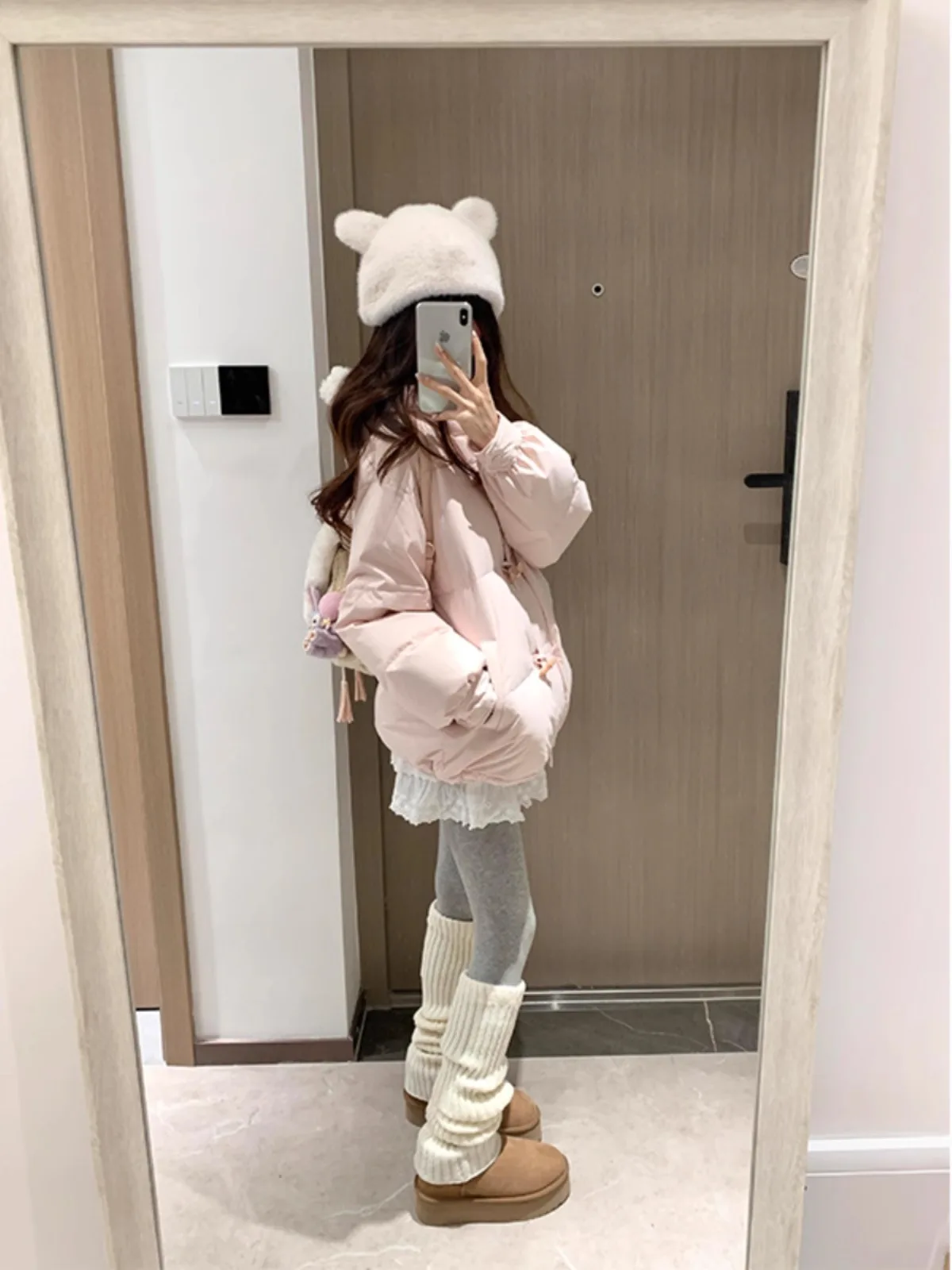 달콤한 핑크 리본 후드 다운 코튼 재킷 여성 겨울용 작은 사이즈 퍼 칼라 따뜻한 트렌디한 한국 스타일 롱 슬리브