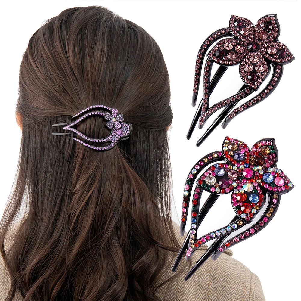 Strass-Haarspangen: Blumen-Entenschnabel-Haarklammern, Retro-Haarspangen für Damen, Glänzende Pferdeschwanz-Haaraccessoires, Kopfschmuck