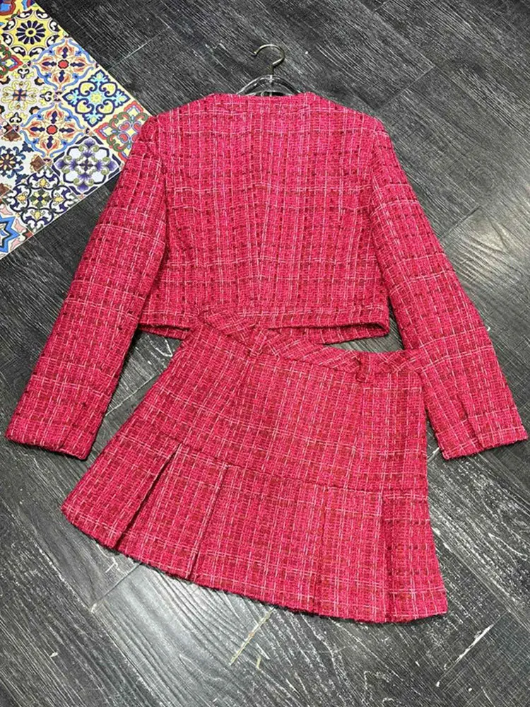 Fashion Rose Red Suit Women 2023 Autumn O-Neck Gold Button Long Sleeve Short Coat+High Waist A-Line Pleated Skirt Two-Piece Set