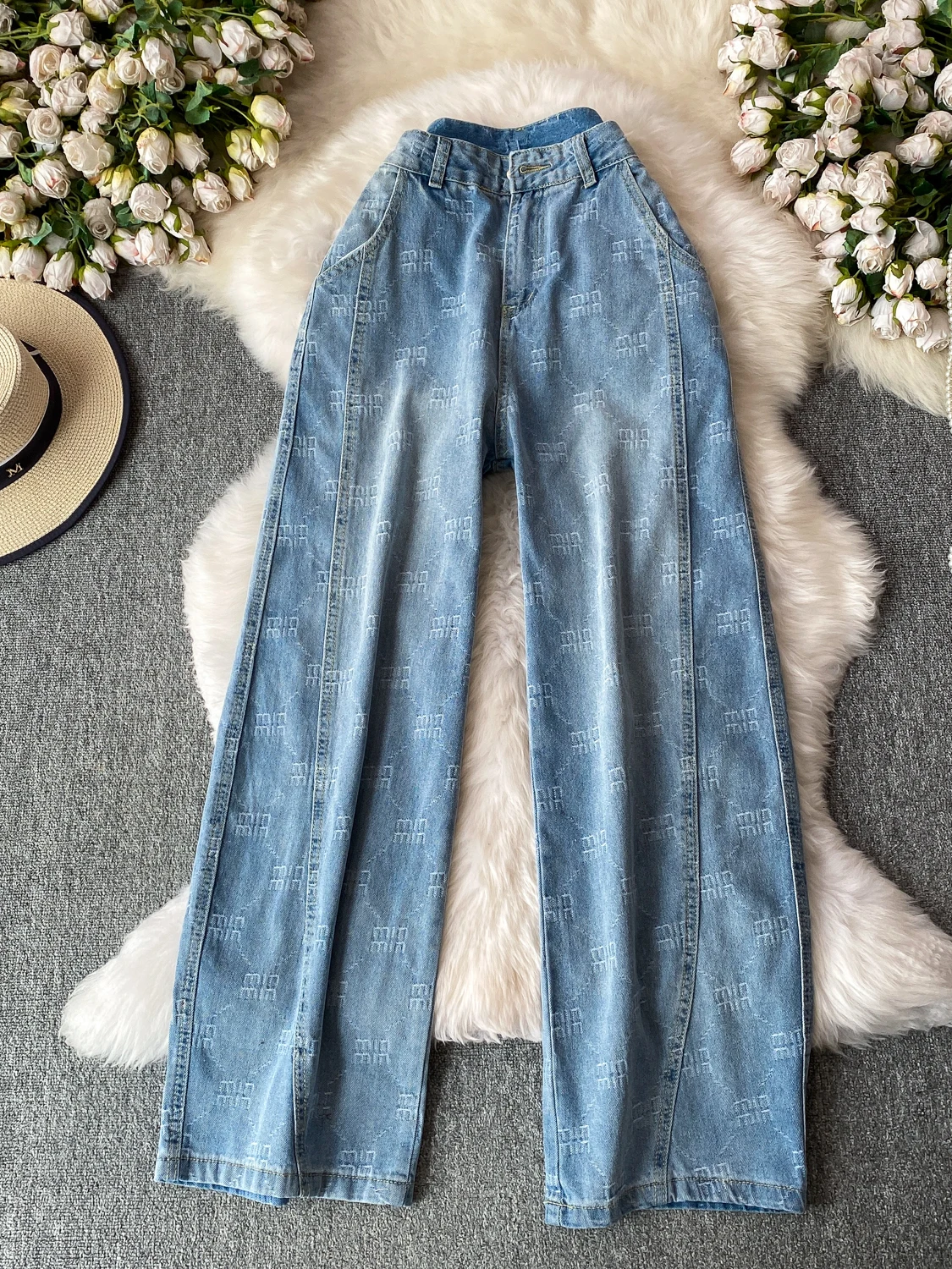 

Retro American Letter Print Wide Leg Jeans Casual Loose Hiding Hip Slim Straight Pants for Women Spring Summer High Waist