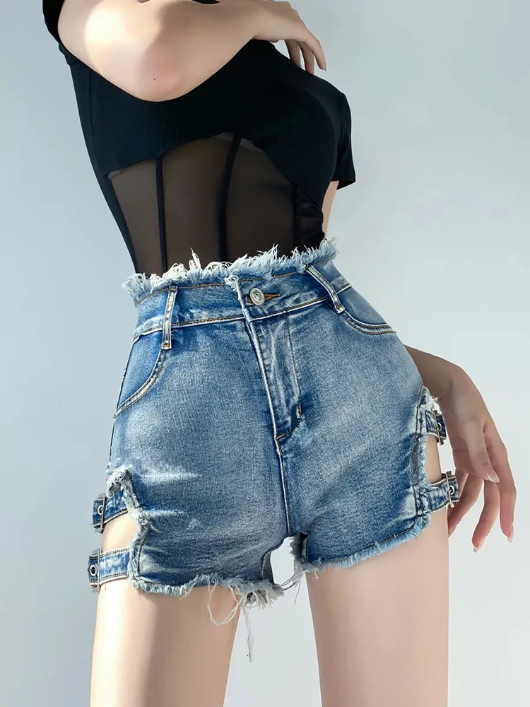 

Women's Side Hollow Design Design Blue Denim Shorts Summer Irregular Mini Skinny Jeans Female Ragged Fringe Hot Pants