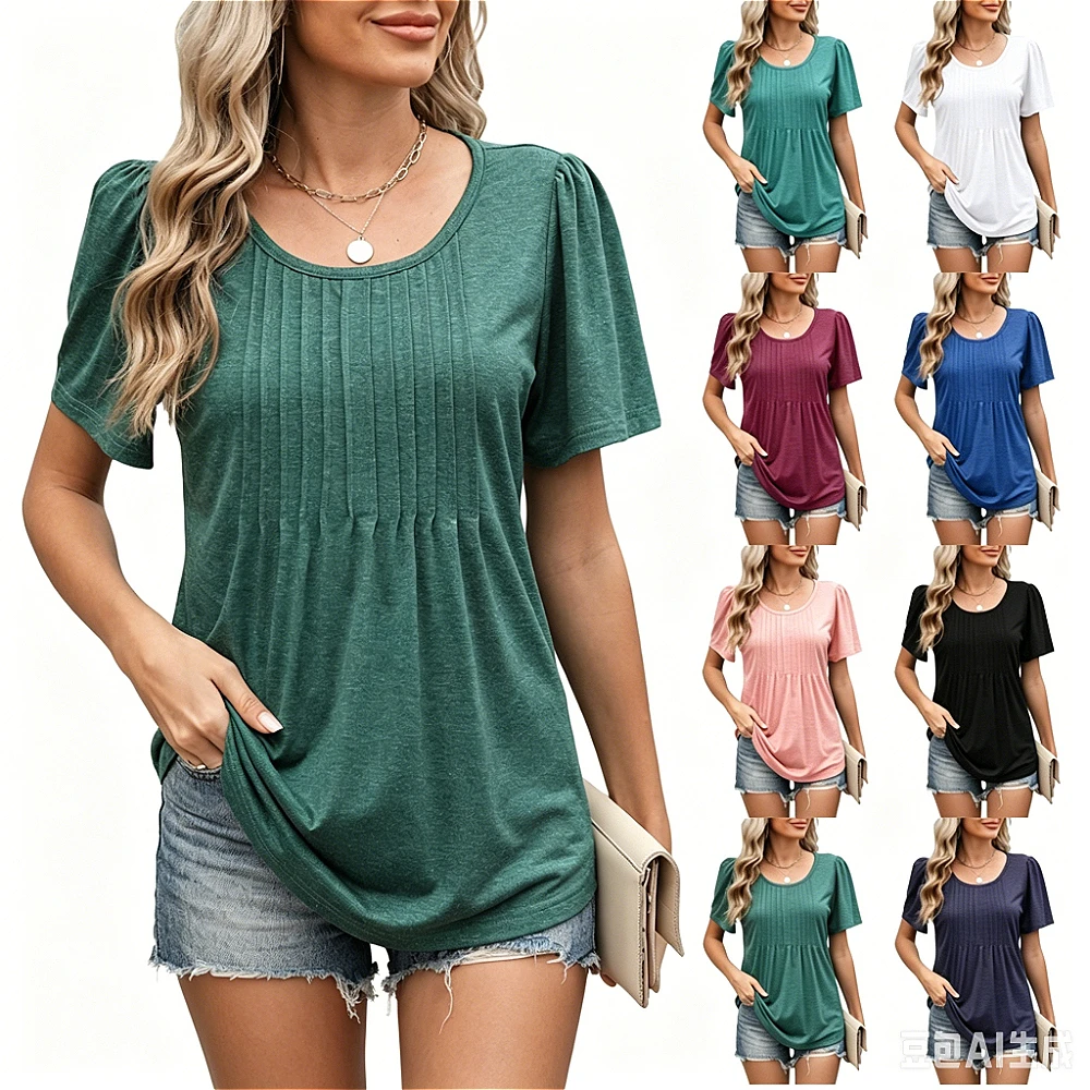 Modigirl 2026 Women's T-shirt Woman Clothes Puff Sleeve Round Neck Pleated Loose Solid Color Casual Daily Tops
