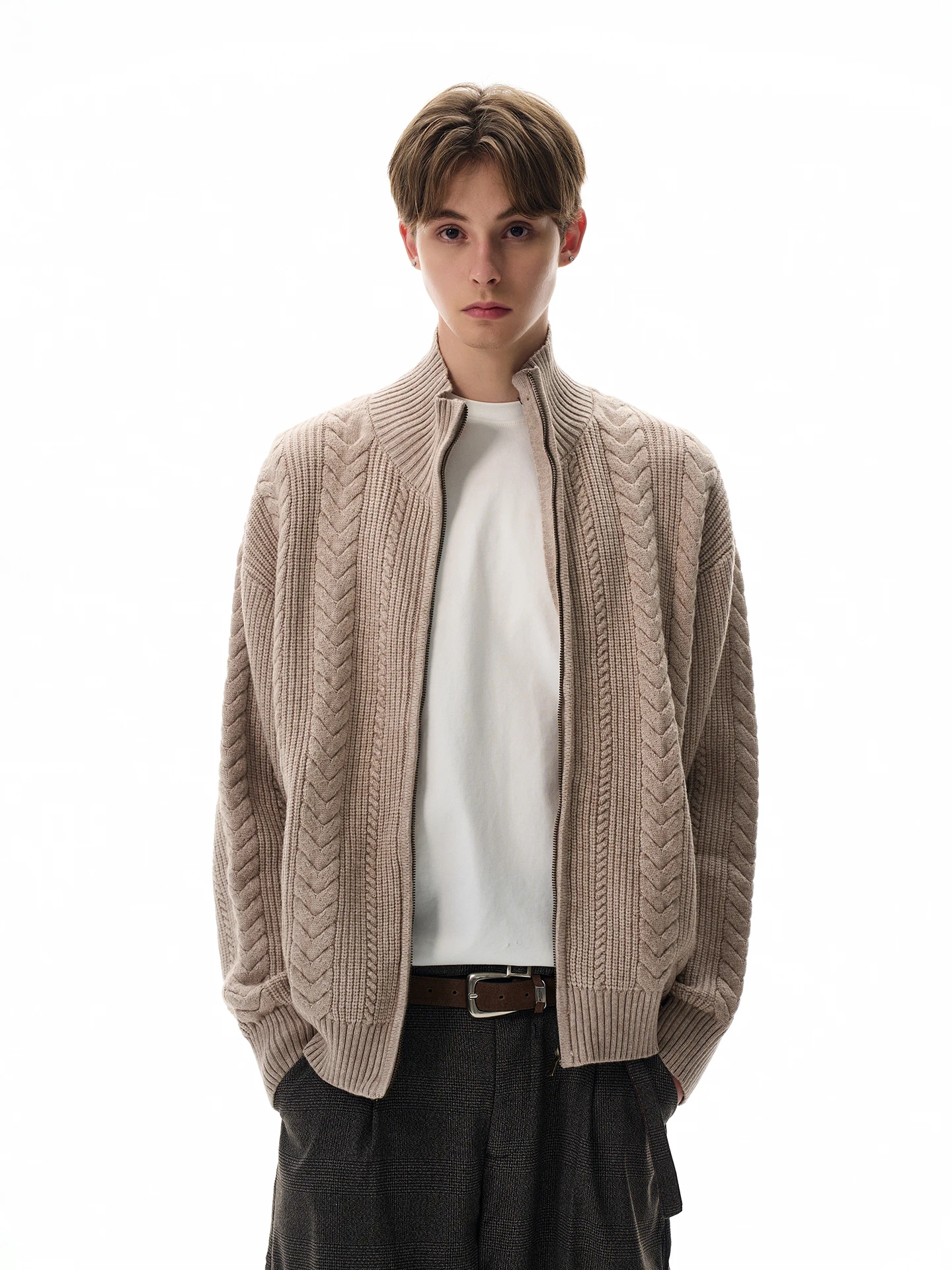 

Мужской модный свитер-куртка в американском ретро-стиле с узором «пшеничный колос», на молнии, с воротником-стойкой, Cleanfit