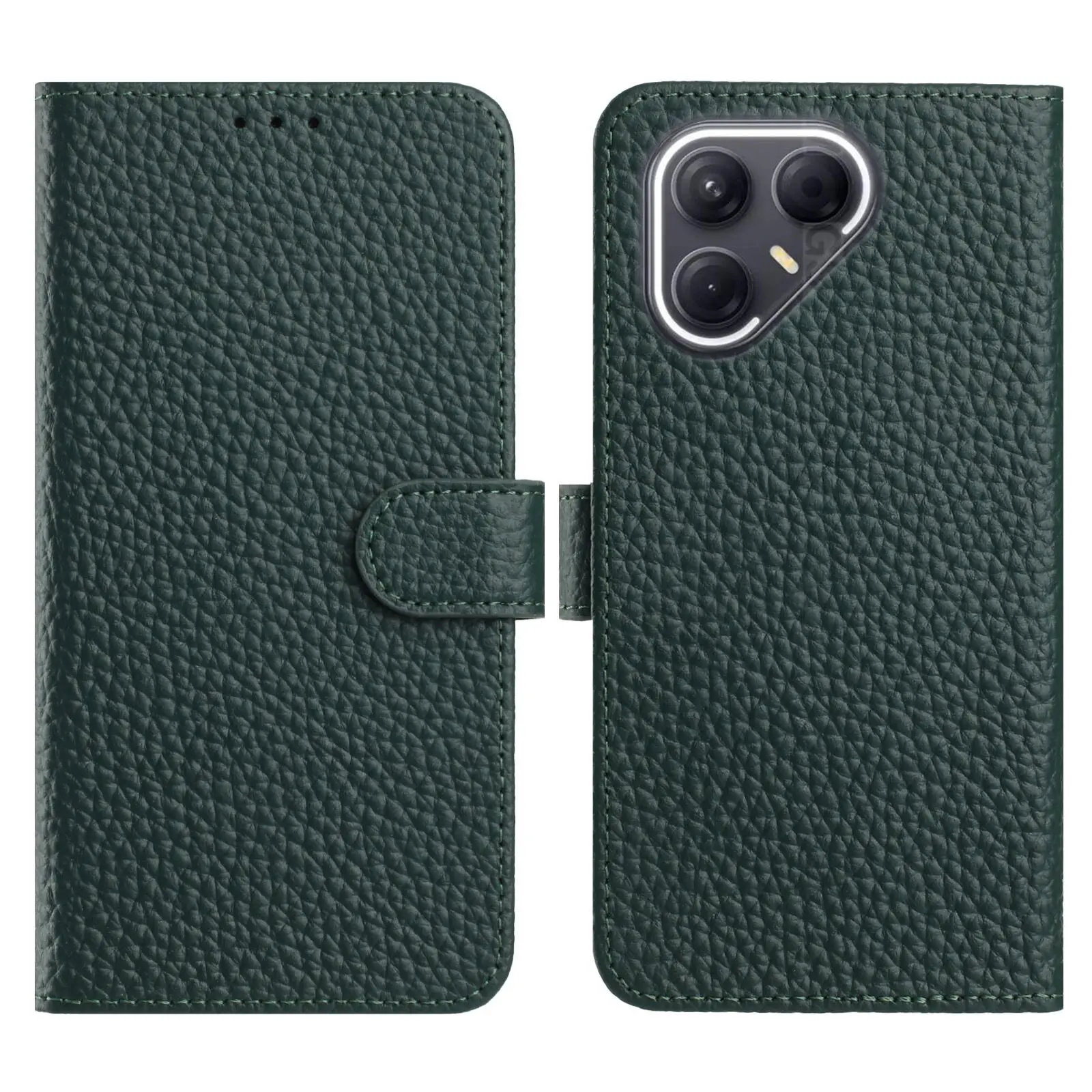 

For TECNO Pova 7 5G Case Wallet Stand Litchi Texture Genuine Cow Leather Flip Phone Cover - Green