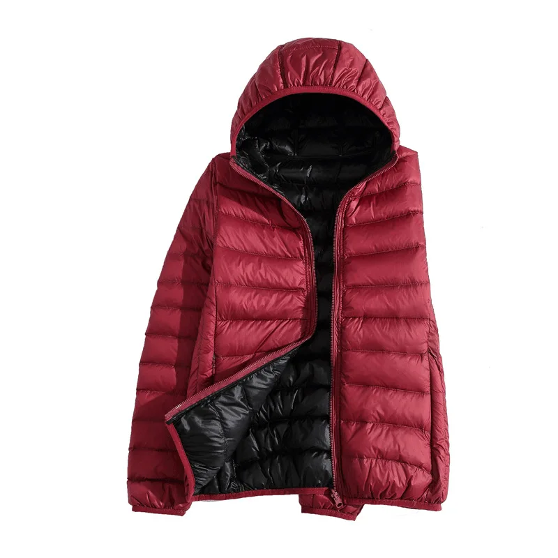 معطف بغطاء للرأس على كلا الجانبين يمكن ارتداء سترات منتفخة للنساء خفيفة الوزن وقابلة للعكس من ريش البط الأبيض سترة نسائية قصيرة #5