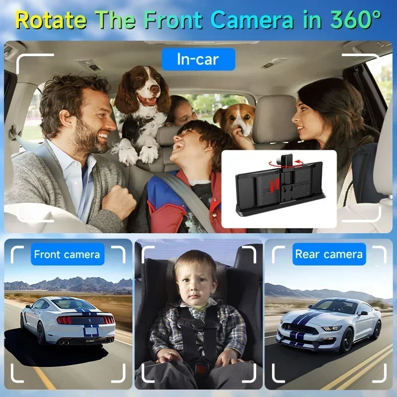 Cámara de salpicadero 4K de 10,26'' 360 ° Lente giratoria coche DVR inalámbrico Carplay Android Auto GPS navegación grabadora de vídeo tablero FM AUX