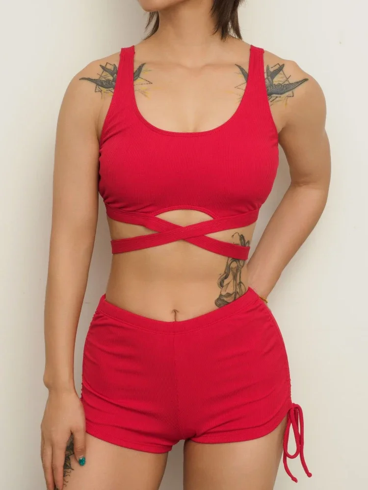 Bikini Set 2 Piece Swimsuit for Women High Waist Solid Color Cross Hollow Out Beach Vacation Backless Bathing Suit 2025 New