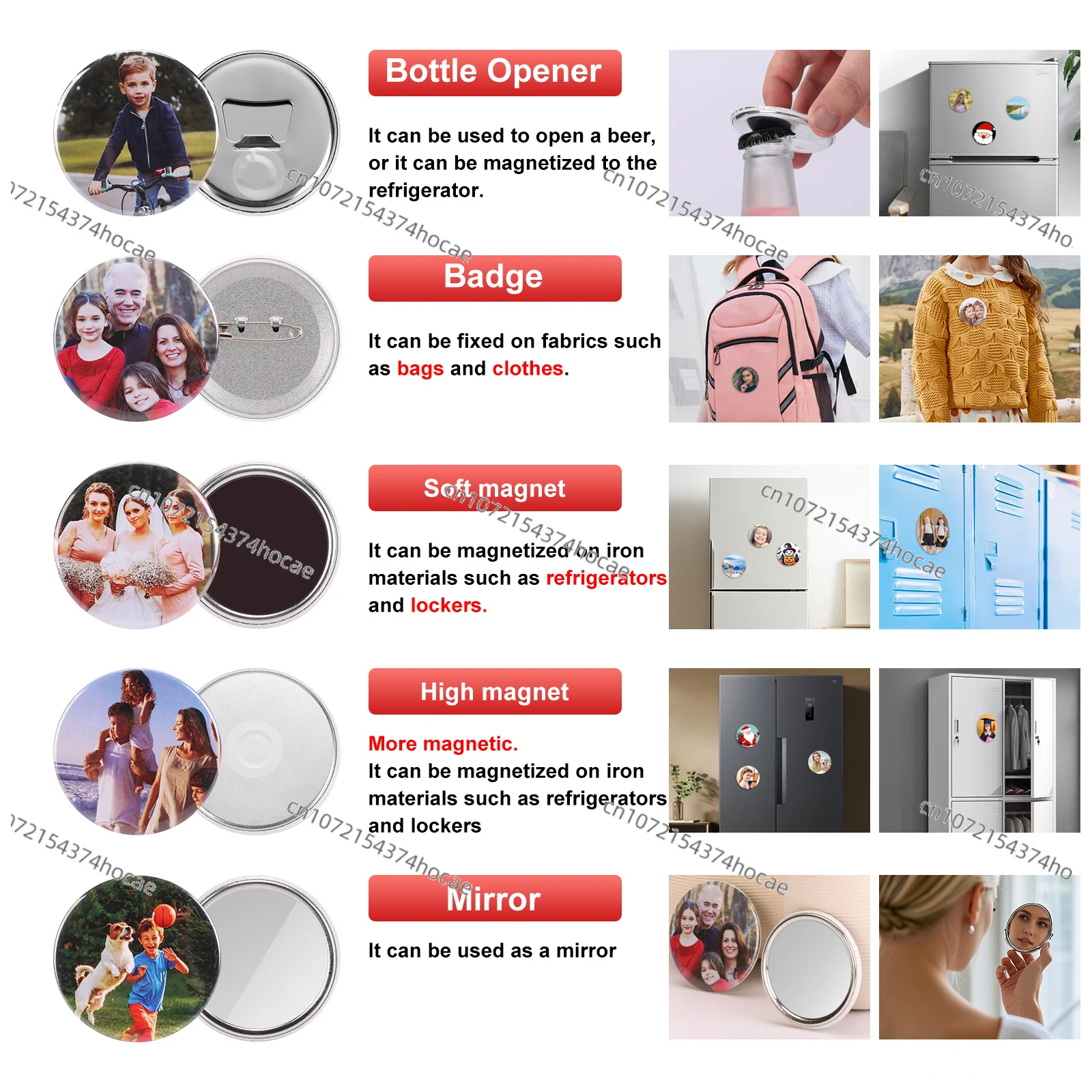 1000 Sets Button Maker Supplies 58mm/2.28 inch – Metal Badge Parts with Magnet, Bottle Opener, Mirror Inserts