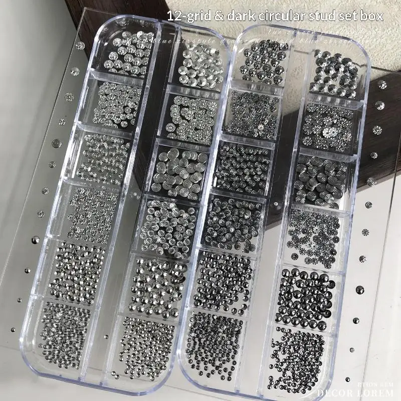 New 12 Grids Nails Art Metal Charms Punk-Inspired Nail Studs Accessories Mixed Silvery Black Style Nail Rivets Nail Decoration
