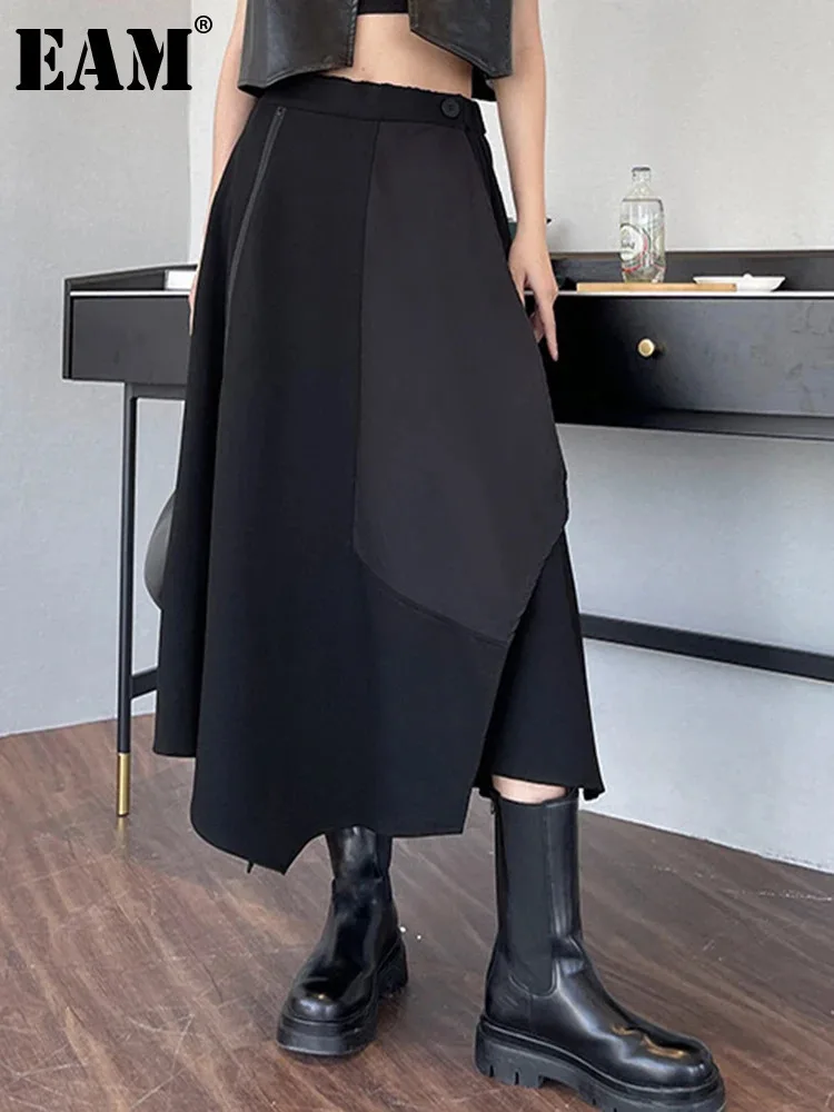 

[EAM] High Elastic Waist Black Zipper Irregular Hem A-line Half-body Skirt Women Fashion Tide New Spring Autumn 2024 1DH6971