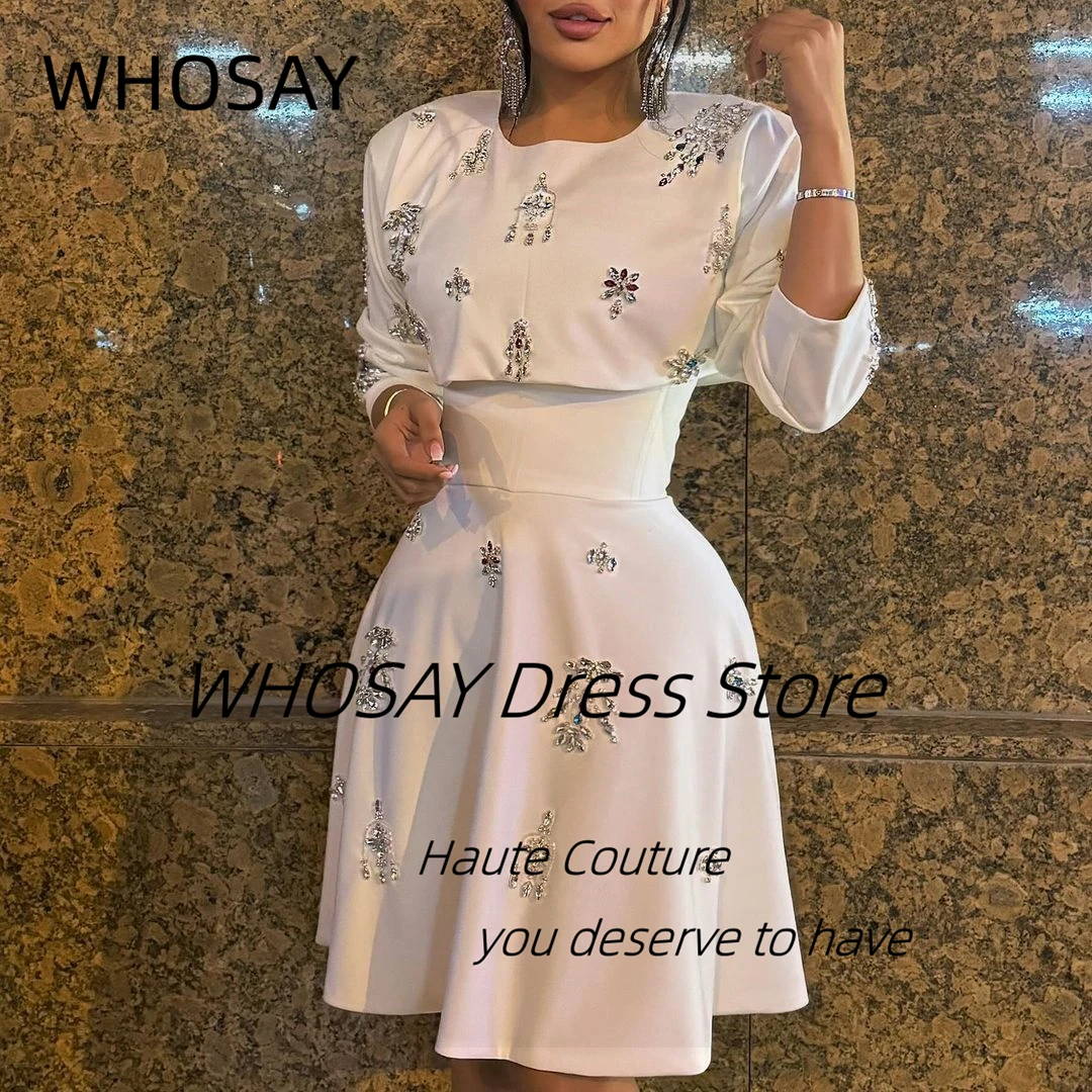 WHOSAY Saudi Party Women Wear Short Prom Dresses Long Sleeves Crystals Evening Banquet A Line Graduation Homecoming Gowns