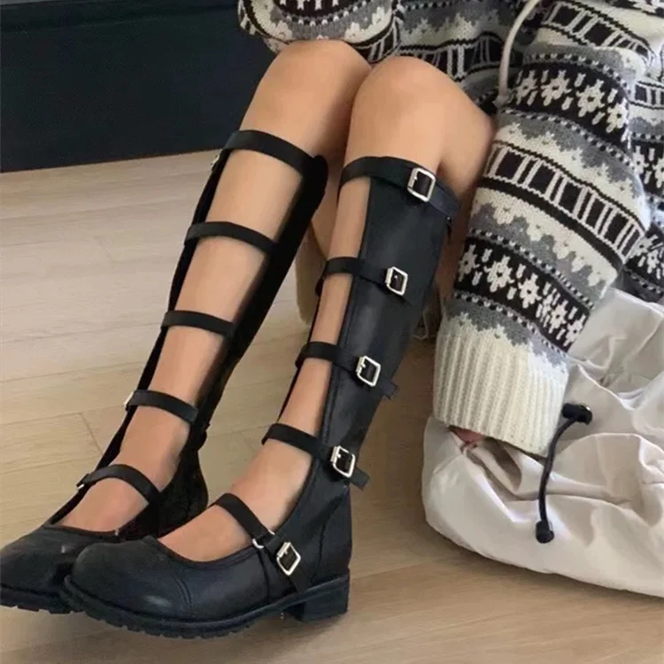 Leather Retro Mary Jane Shoes Hollow Out But Knee High Boots High Boots Thick-Soled Sandals Women Look Thin