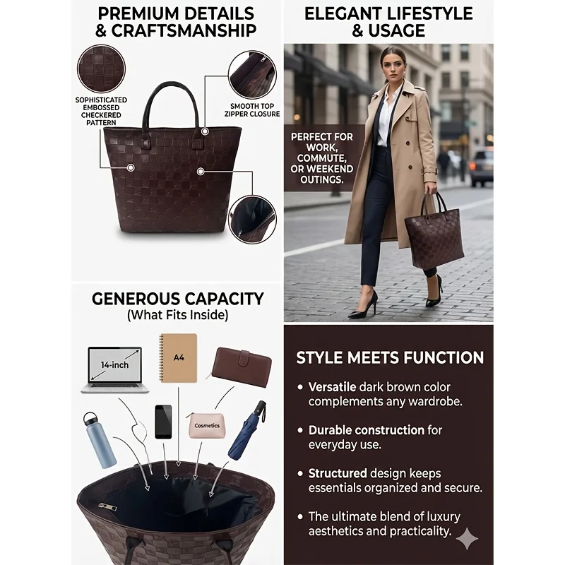 Light Luxury Deep Brown Quilted Pattern Women's Tote Bag, Large Capacity Women's Vintage Woven Style Commuter Handbag - view 4