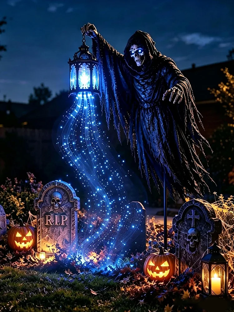 Skull Yard Stake Light Halloween Grim Reaper Lantern Gothic Garden Decor Battery Operated Outdoor
