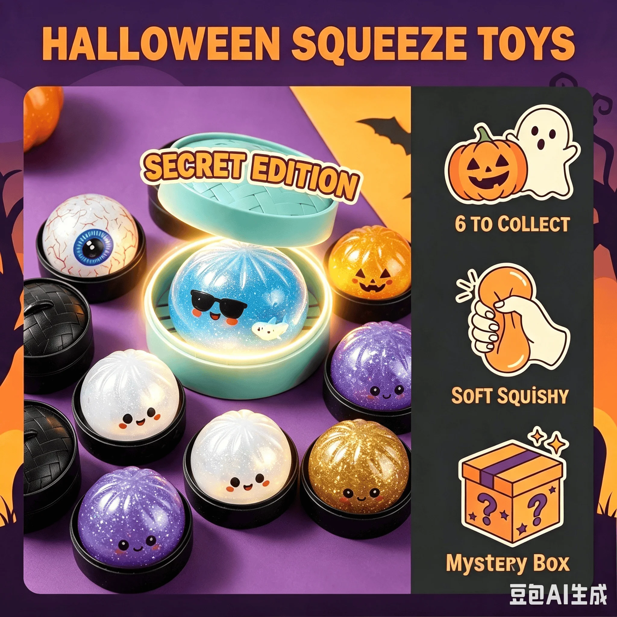 Halloween Squeeze Toys Mystery Blind Box, Secret Edition Hidden Shark Dumpling Squishy Toy, Eyeball Pumpkin Soft Stress Relief