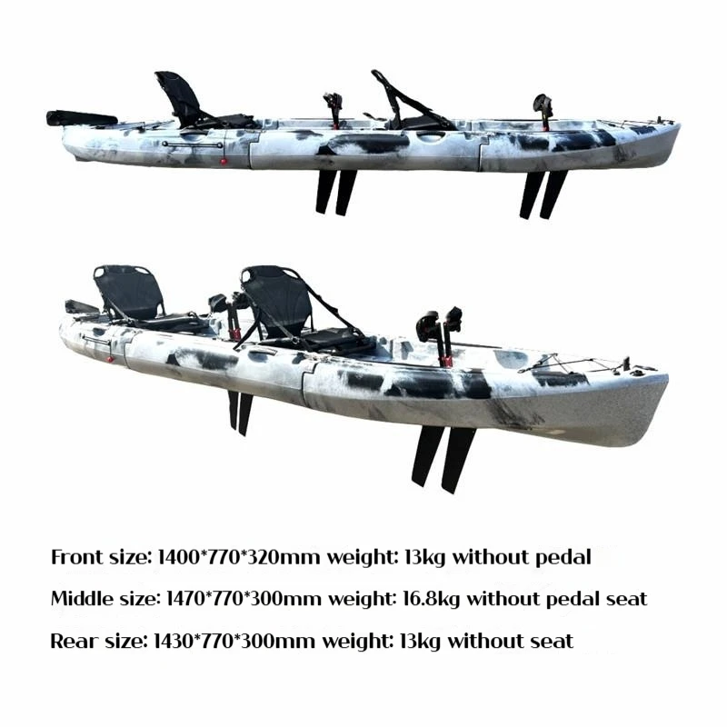 Caiaque LLDPE portátil com casca dura dividida, canoa elétrica/drivada por pedal para aventuras solo/lago tandem/mar, montagem modular