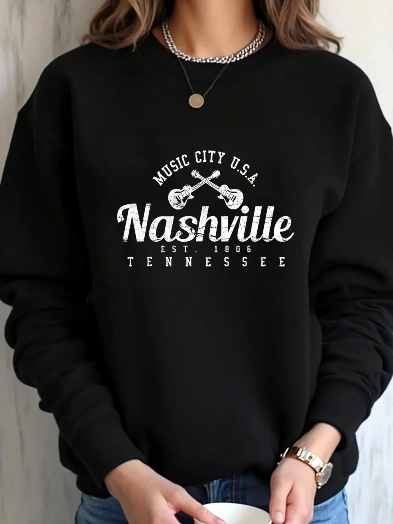 

Женская толстовка большого размера Nashville Music City США с гитарным принтом, уличная одежда