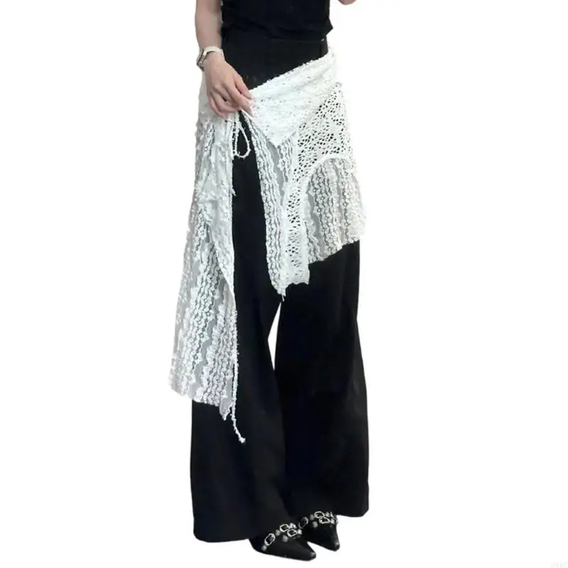 

39BC Women Korean Hollow Jacquard Floral Lace Apron Skirt Asymmetrical Overskirt Tie Up Fart Curtain Midi Long Half Skirt