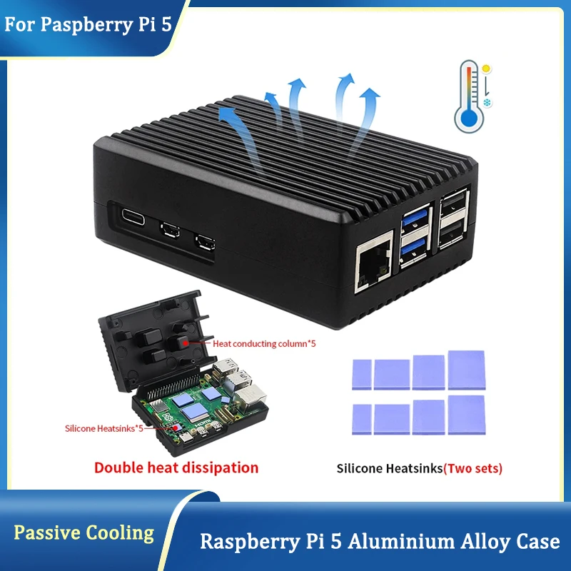 

Raspberry Pi 5 Aluminium Alloy Case Metal Shell with Passive Cooling Silicone Heatsinks Enclosure for Raspberry Pi 5