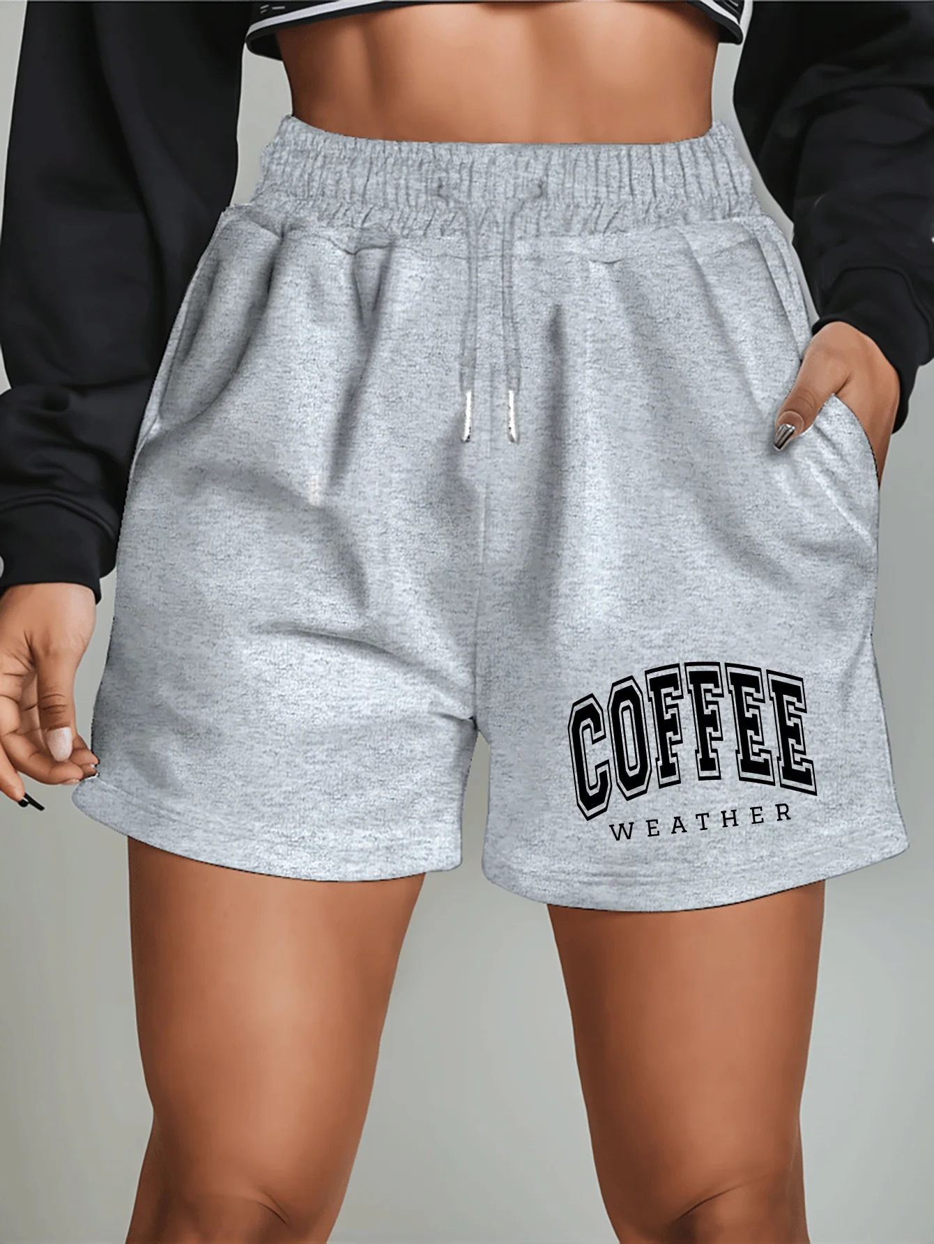 Ladies' Coffee Weather Pattern Shorts Drawstring Waistband Trendy Outerwear Cropped Shorts Summer Beach Pants
