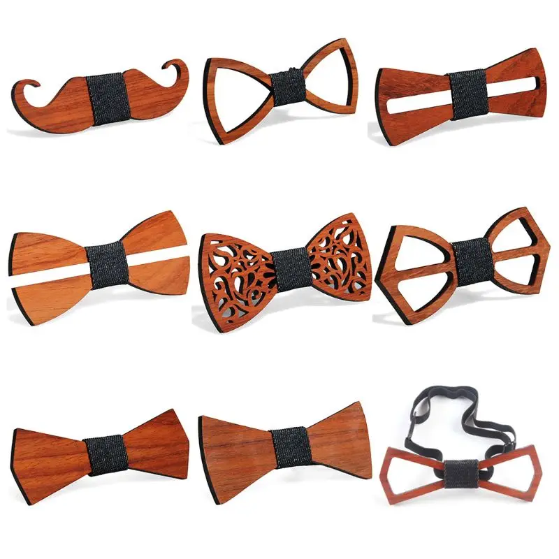 Handmade Rosewood Mens Bow Tie Hollow แกะสลักดอกไม้ Rhombus หนวดเครา Vint Dropship