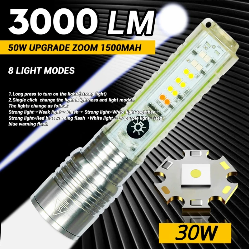 Super Bright LED Flashlight with White/red/blue/purple Side Light and Strong Magnets 30W LED Wick Lighting for 1500 Meters