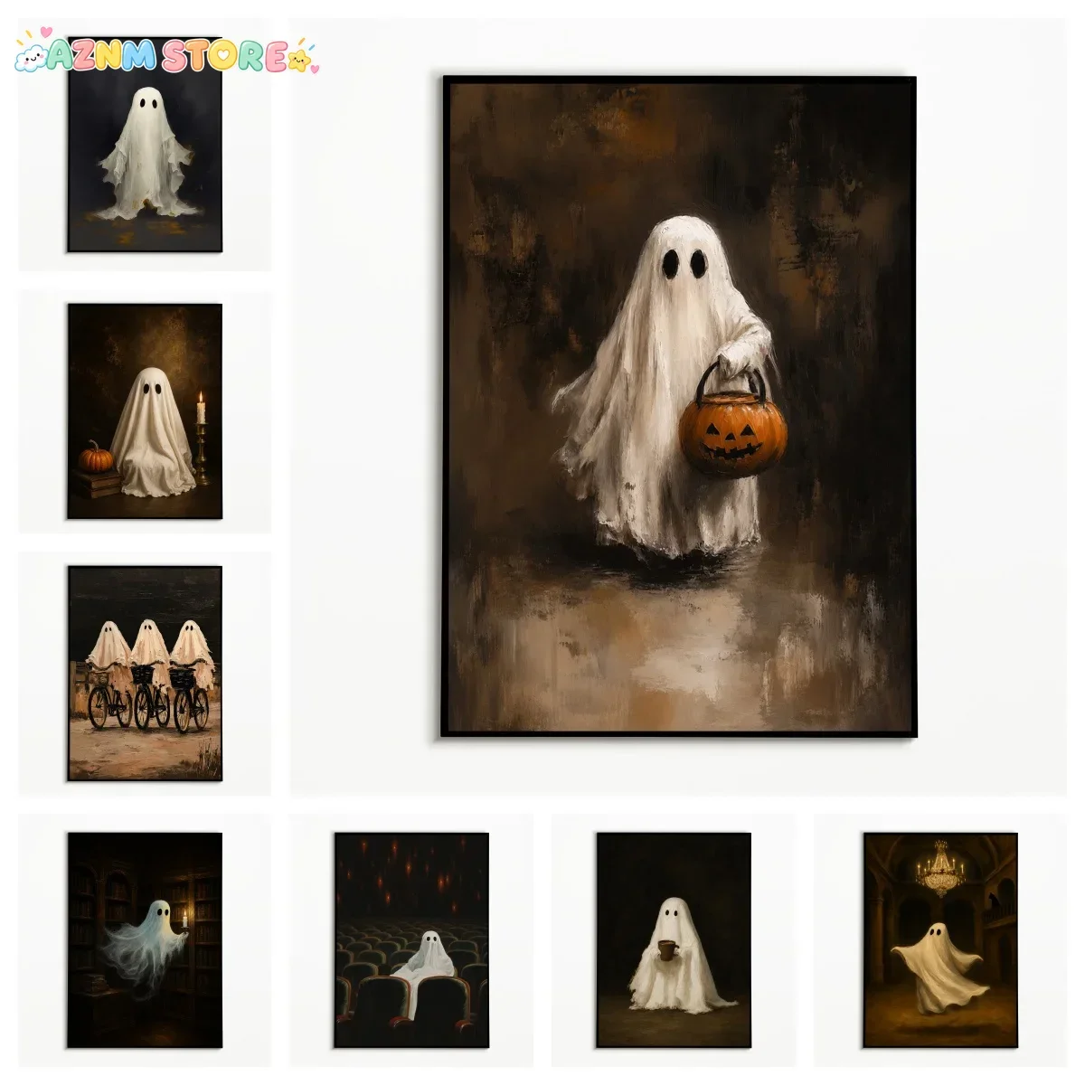 2027,1PC Fall Retro Oil Painting Style Horror Ghost Poster, Autumn Halloween Ghost Face Pumpkin Wall Art  Frameless Canvas Pr