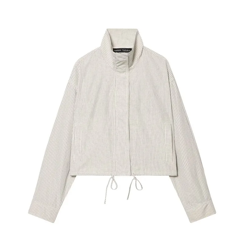 Women Stand Collar Plaid Cropped Jacket Drawstring Hem Loose Long Sleeve Checkered Zip Up Casual Outerwear