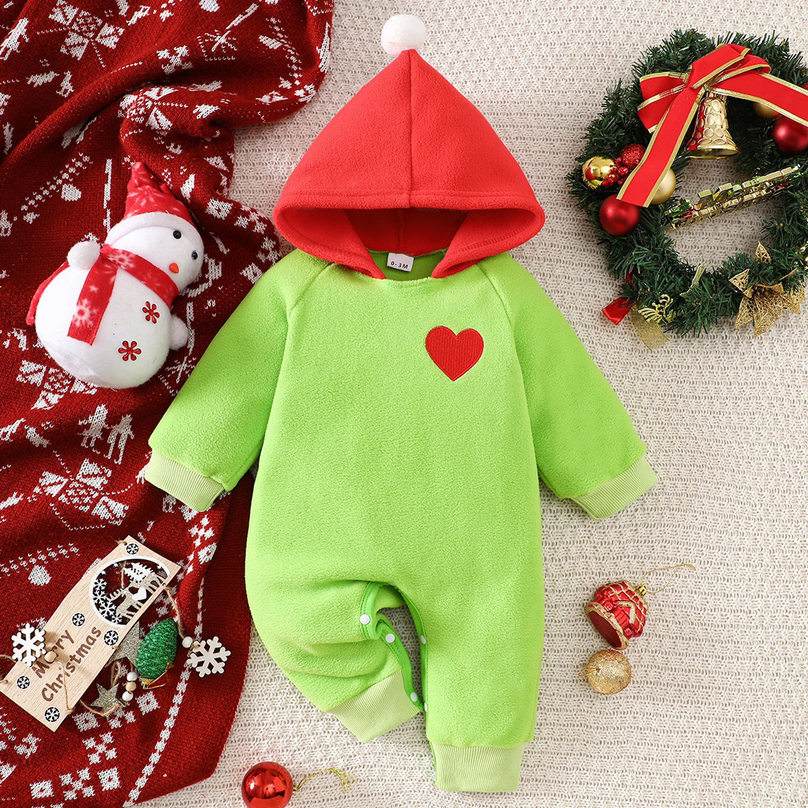 

Christmas Romper Long Sleeve Heart Embroidery Full Zip Hooded Jumpsuit Green Monster Costume Baby Boys Girls 0-2 Year