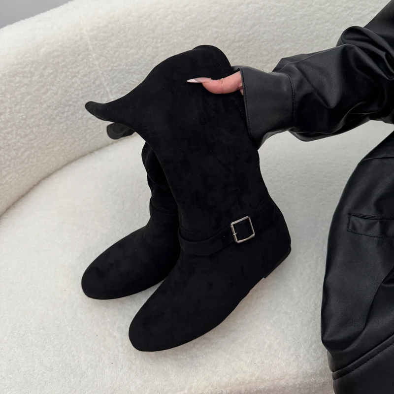 Retro Suede Inner-stretch High-waisted Boots for Women, 2026 Autumn-winter Ankle-length Round-toe Padded Boots