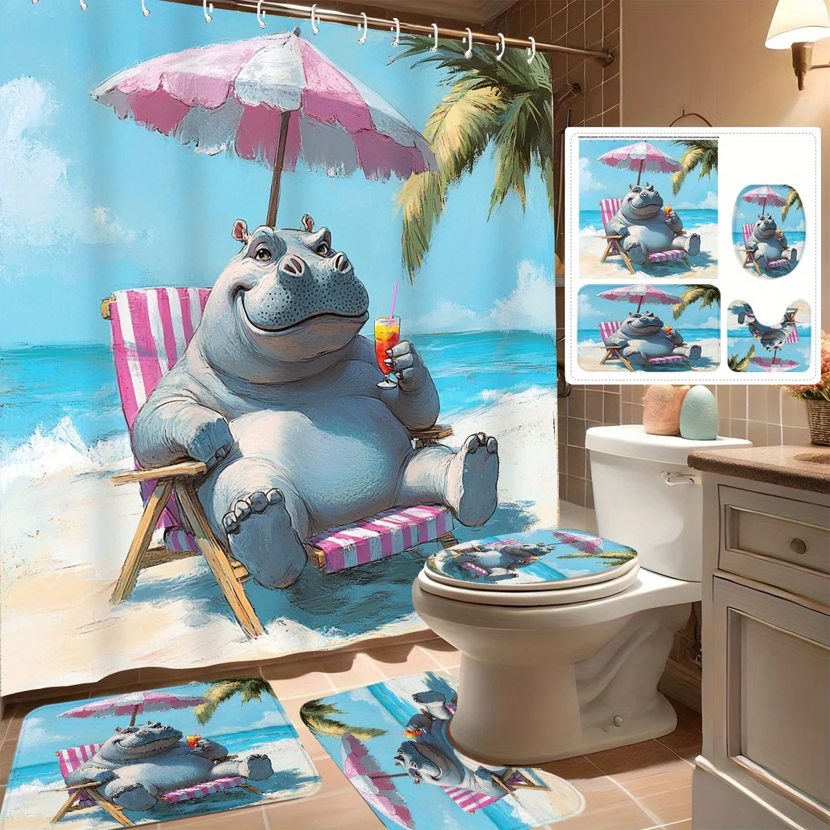

4pcs Shower Curtain Set, Cute Hippo Beach Vacation Theme, Modern Bathroom Decor, Includes 12 Hooks, Non-Slip Bath Mat