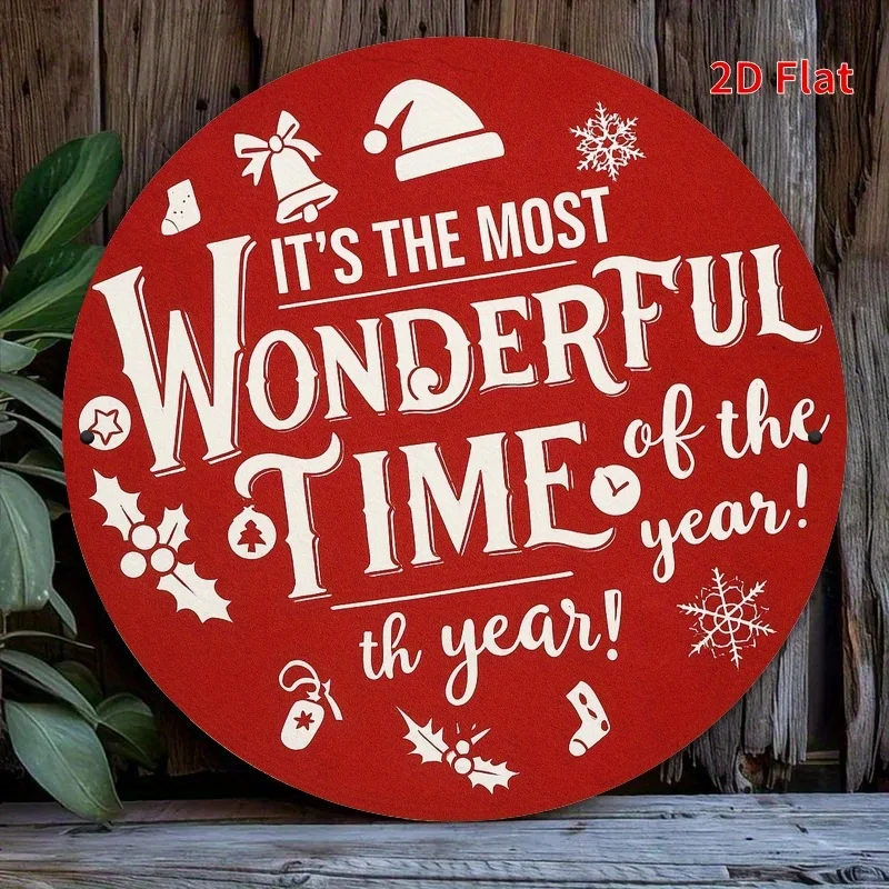 لوحة فنية جدارية معدنية مسطحة، احتفالية "إنه أروع وقتًا لهذا العام" - علامة حديدية مستديرة مقاس 19.81 سم مع رقاقات الثلج والزنجبيل #1