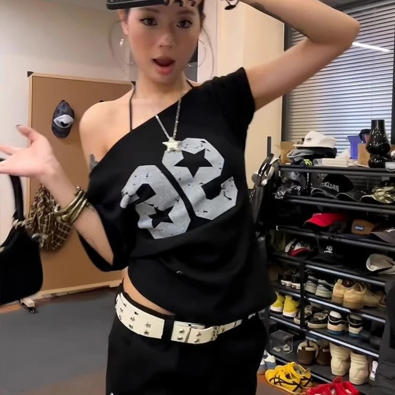 

Deeptown Black Numer Print Off Shoulder Women Shirts Short Sleeve American Style Loose Tees Vintage Gyaru Streetwear Summer